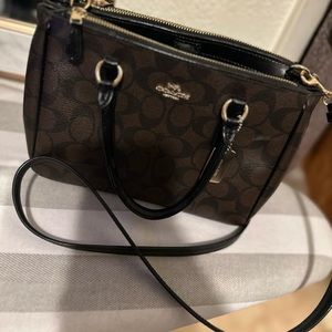 Coach mini surrey carryall crossbody purse brown signature canvas gold accents.